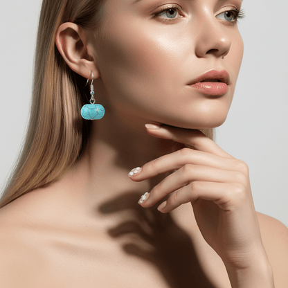 Turqouise & Silvertone Pumpkin-Shape Stone Hook Earrings