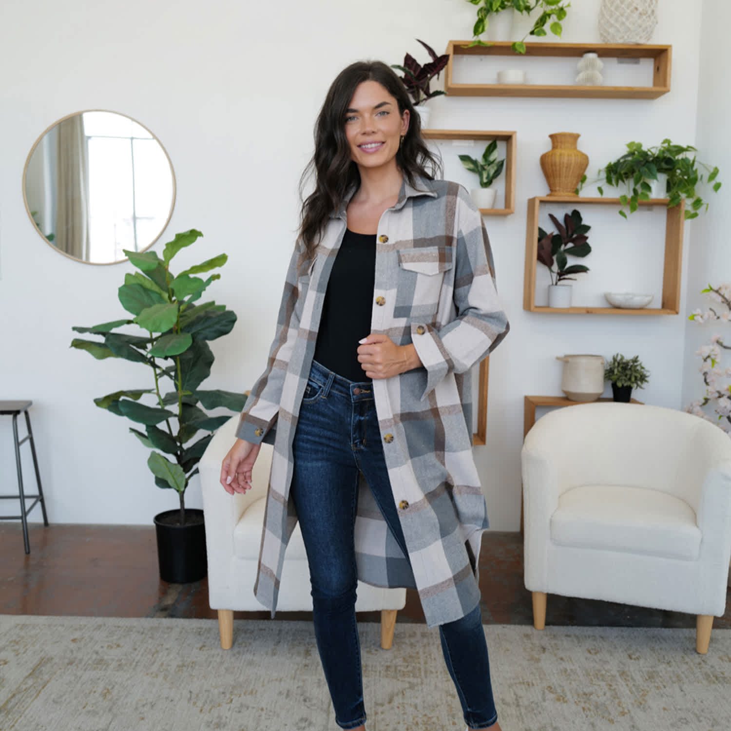 Collared Neck Long Sleeve Longline Coat