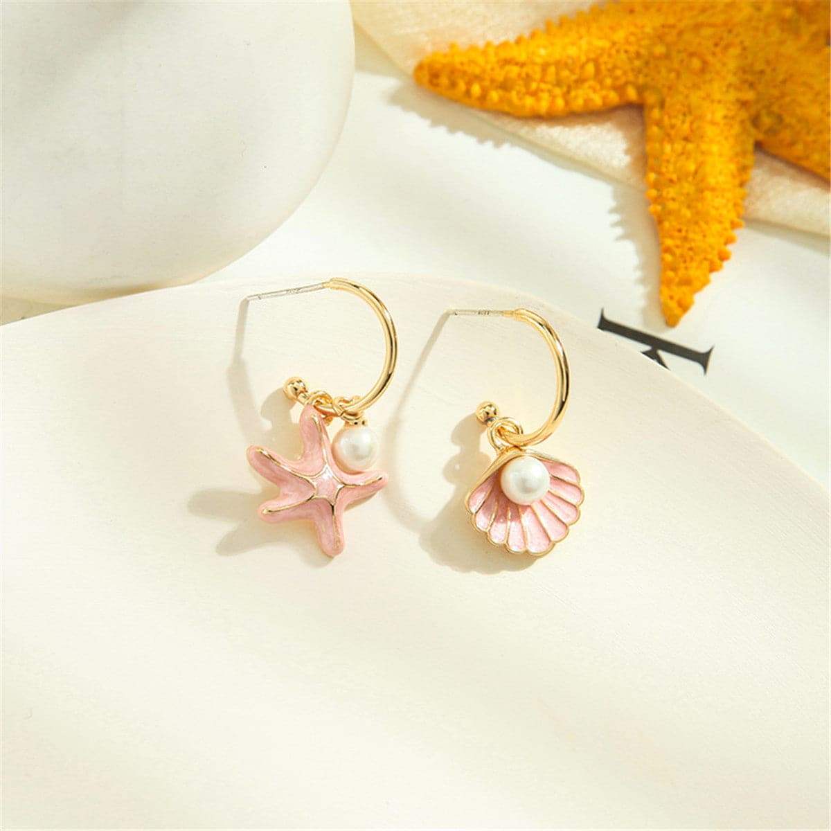 Red Enamel & Pearl Goldtone Shell & Starfish Drop Earrings
