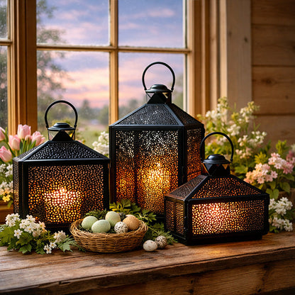 Perforated Iron Metal Lanterns, Set of Three