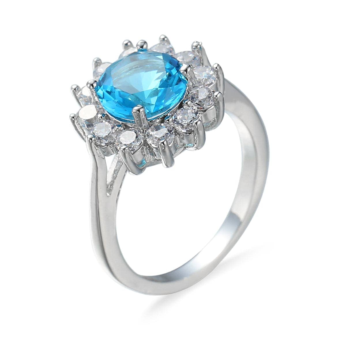 Sea Blue Cubic Zirconia & Silvertone Flower Ring