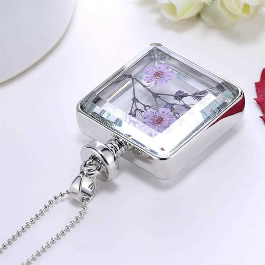 Purple & Silvertone Pressed Peach Blossom Square Pendant Necklace