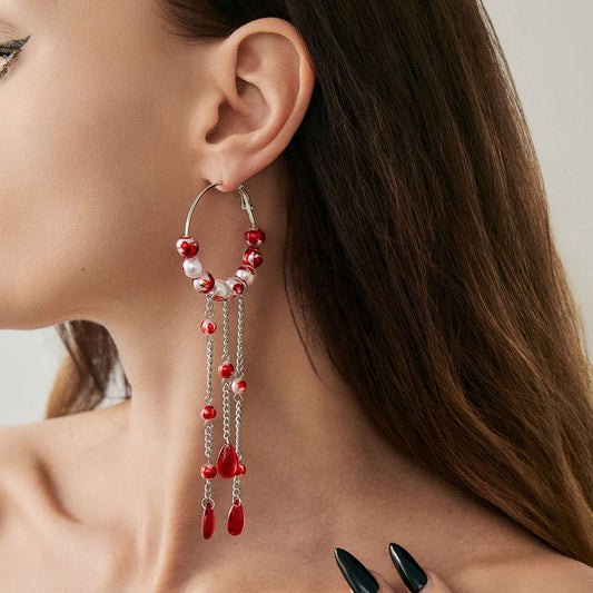 Red Crystal & Enamel Pearl Silvertone Beaded Hoop Tassel Dangle Earrings