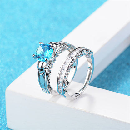 Sea Blue Crystal & Cubic Zirconia Skull Wing Ring Set-4