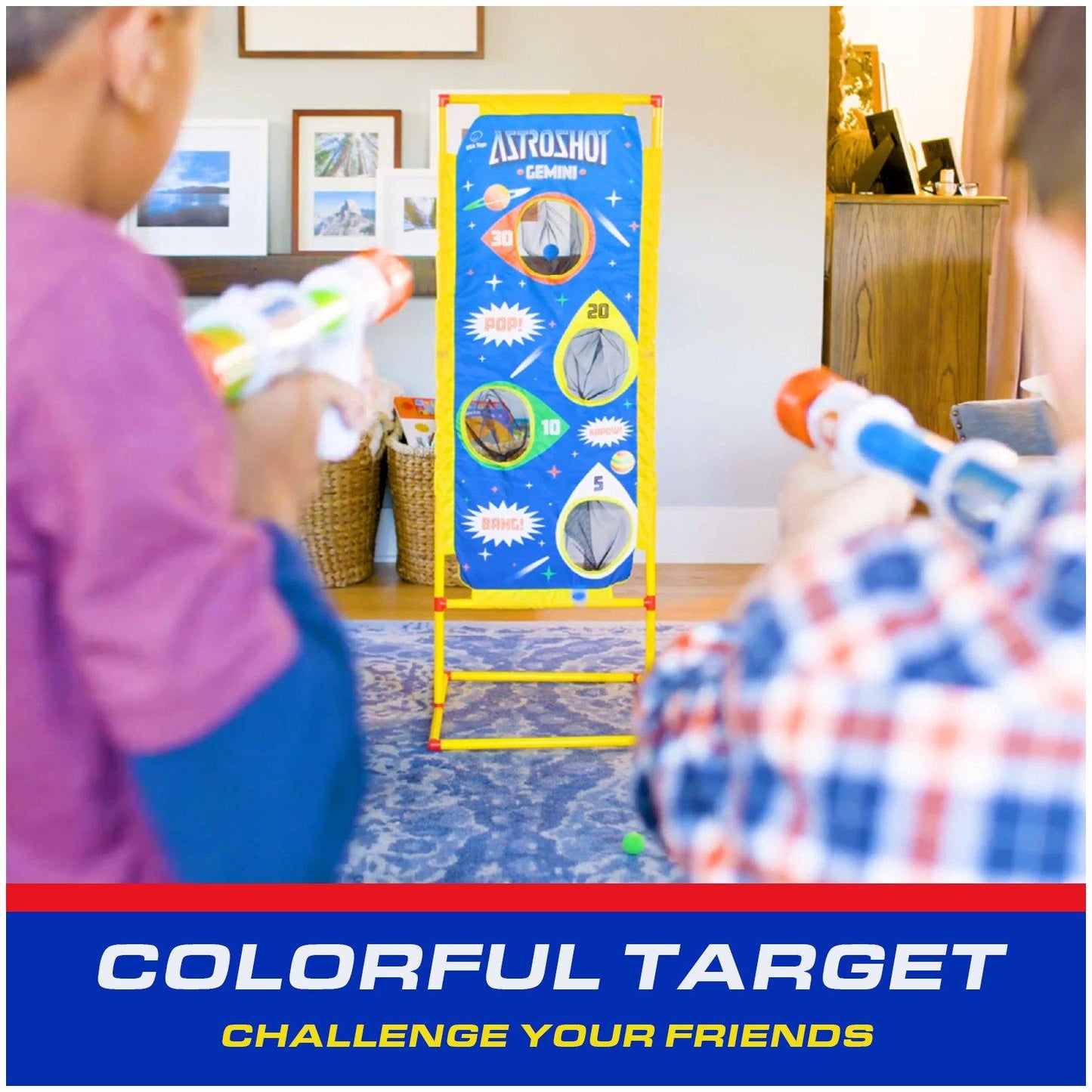 White, blue dart gun and green, blue balls-