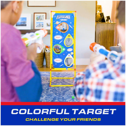 White, blue dart gun and green, blue balls-