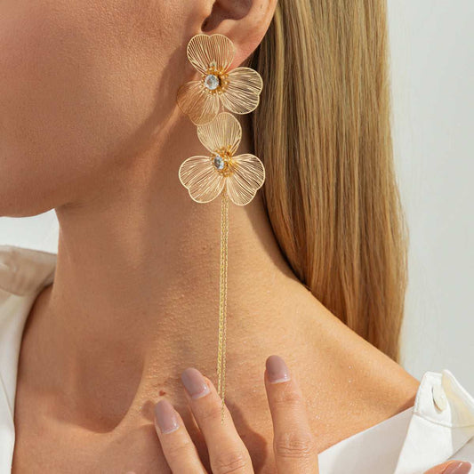 Cubic Zirconia & Goldtone Netted Flower Tassel Dangle Earrings