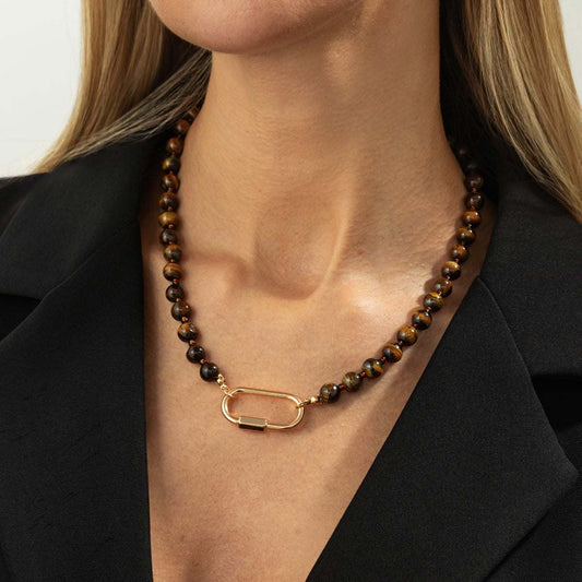 Tigereye? & Goldtone Open Oval Collar Necklace