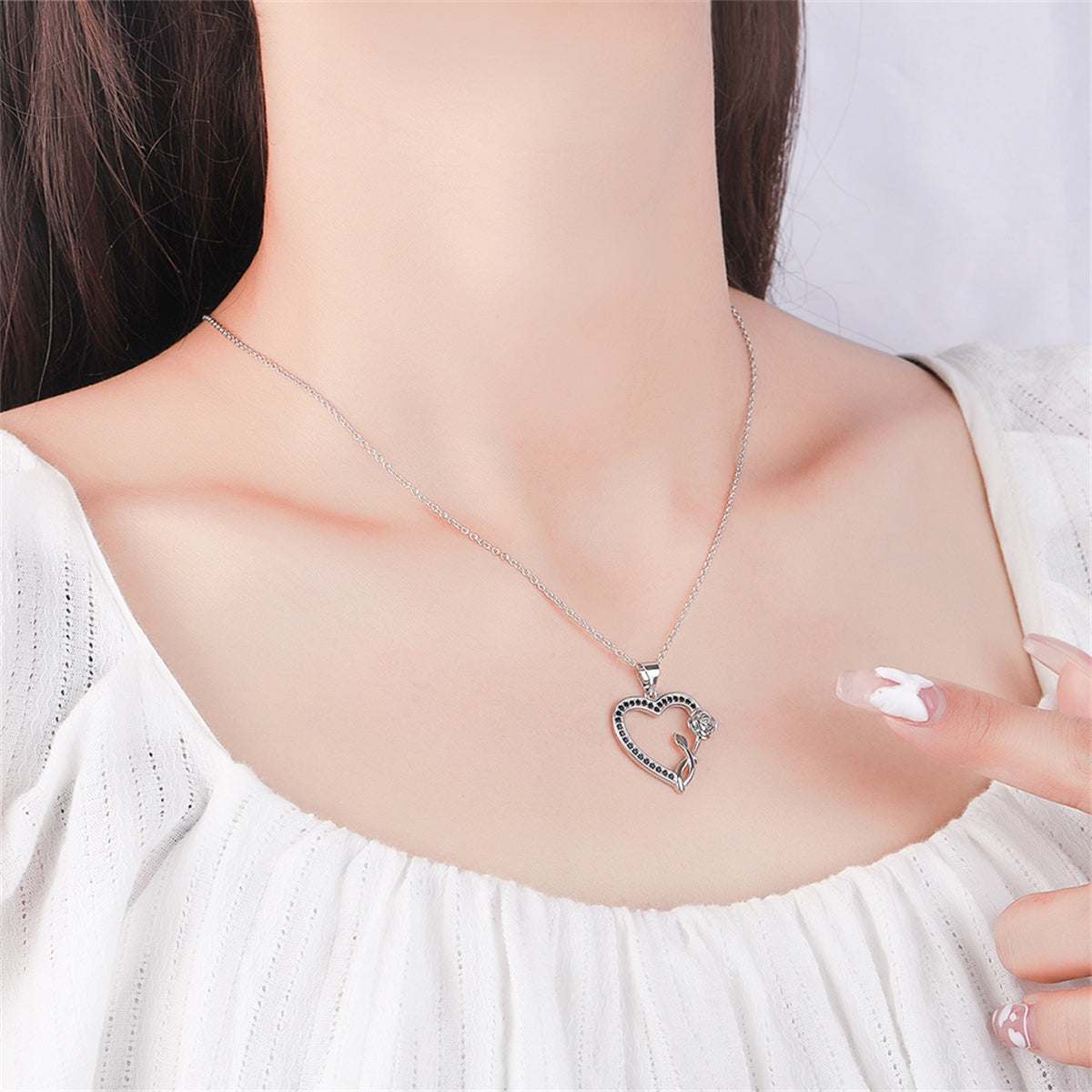 Black Cubic Zirconia & Silvertone Rose Heart Pendant Necklace