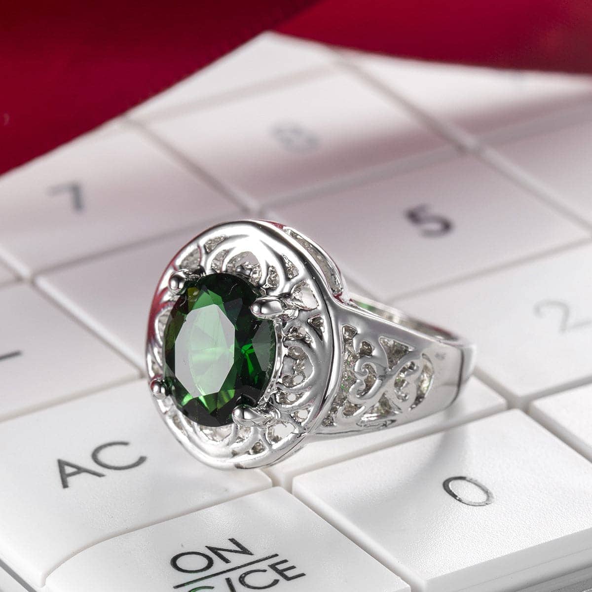 Green Crystal & Silvertone Floral Ring
