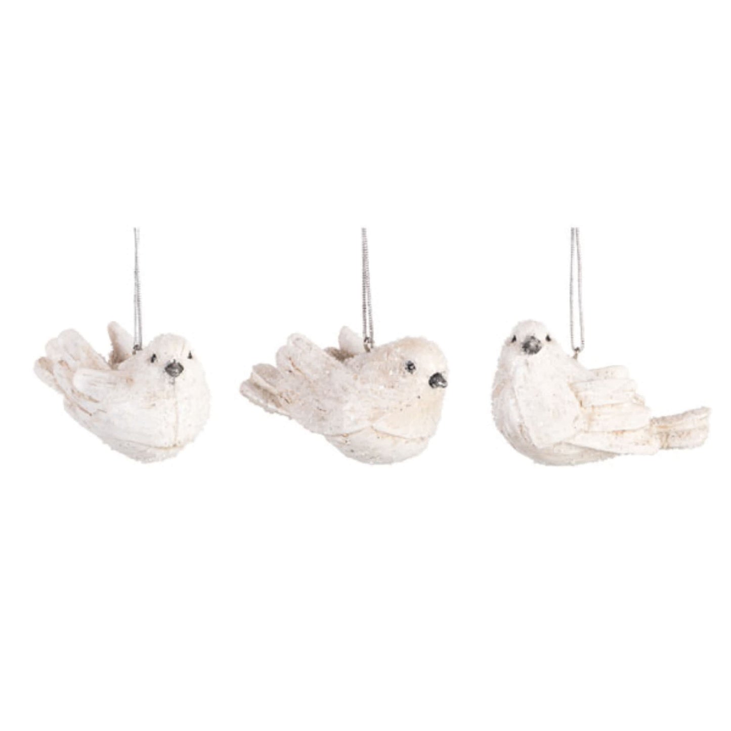 Set of 3 White and Pewter Bird Ornaments for Christmas Tree Home Decorations Resin Holiday Decor