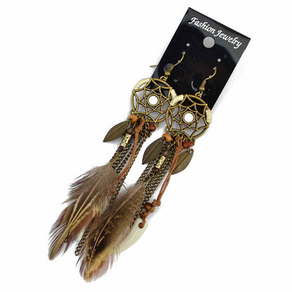 Goldtone Dream Catcher Feather Drop Earrings
