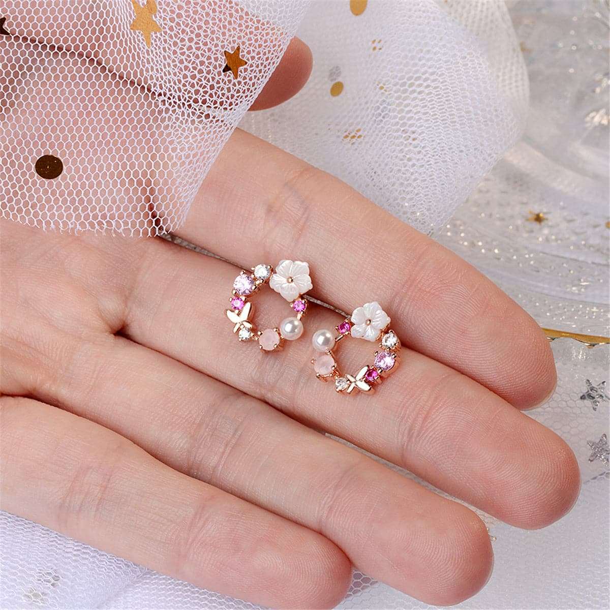 Opal & Cubic Zirconia Butterfly & Floral Stud Earrings-1