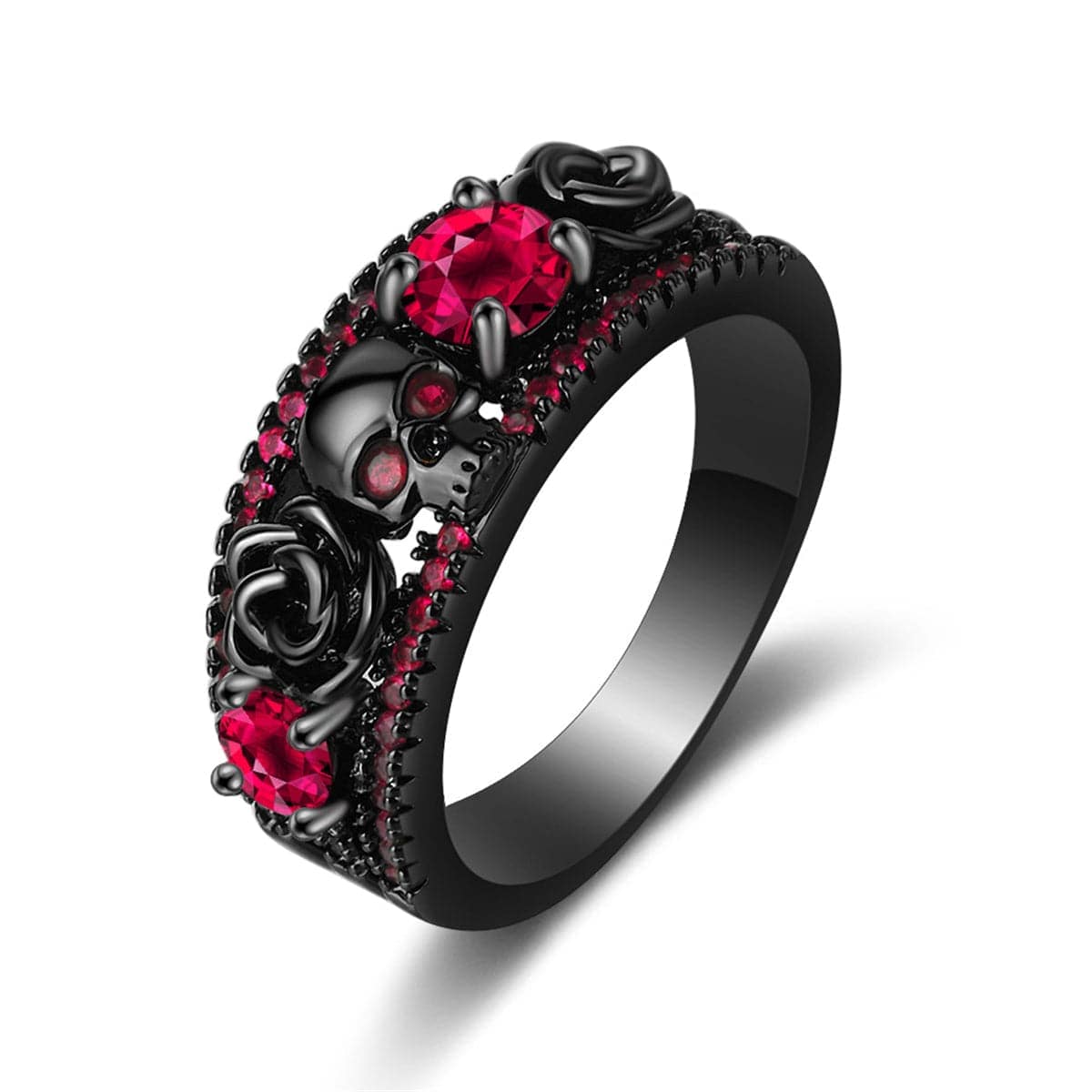 Red Crystal & Cubic Zirconia Skull Rose Ring-2
