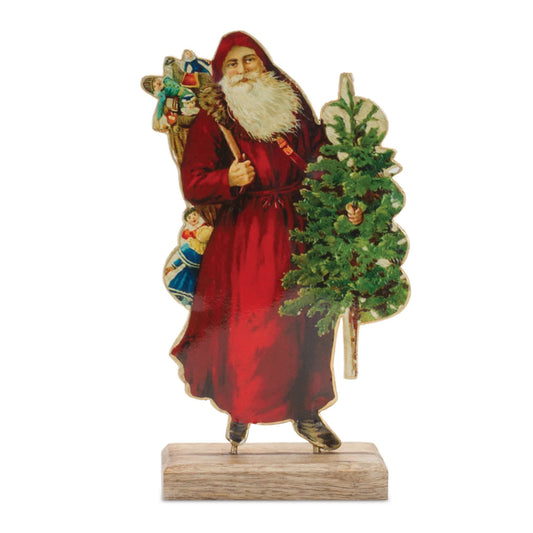 Melrose International Vintage Metal Santa with Wood Base 8"H