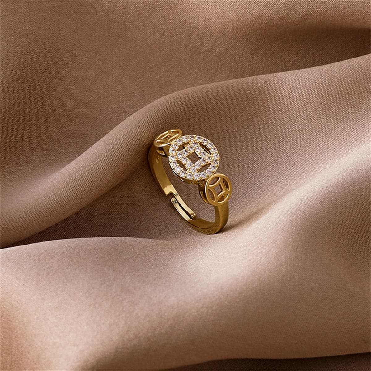 Cubic Zirconia & Goldtone Coin Adjustable Ring