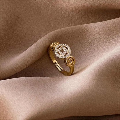 Cubic Zirconia & Goldtone Coin Adjustable Ring