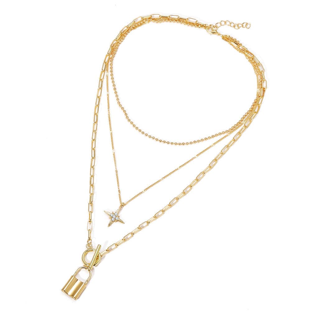 Cubic Zirconia & Goldtone Star Lock Layered Pendant Necklace