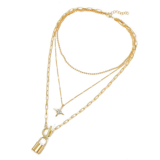 Cubic Zirconia & Goldtone Star Lock Layered Pendant Necklace