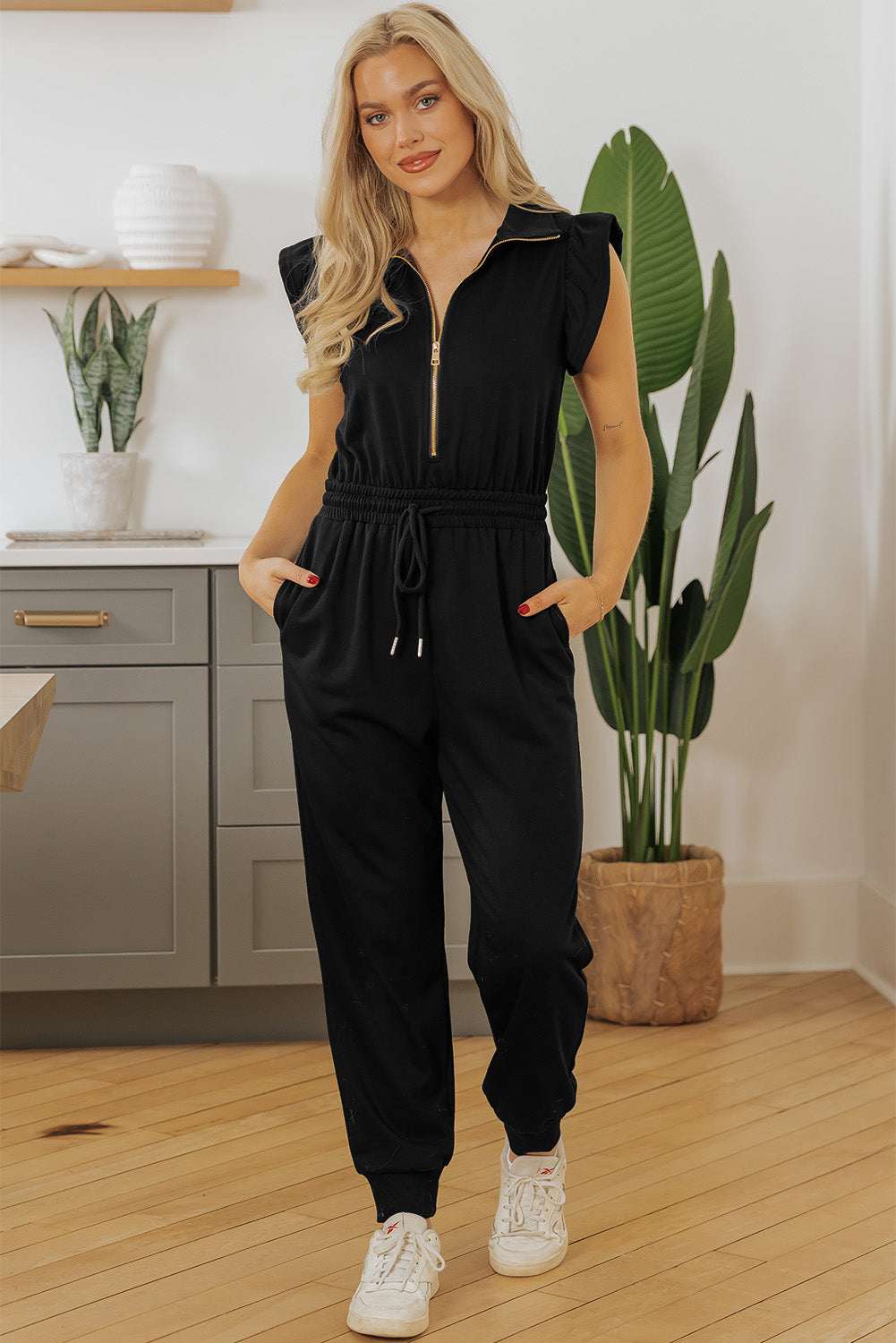 Azariah Drawstring Elastic Waistband Jumpsuit - Black / L - 12/14
