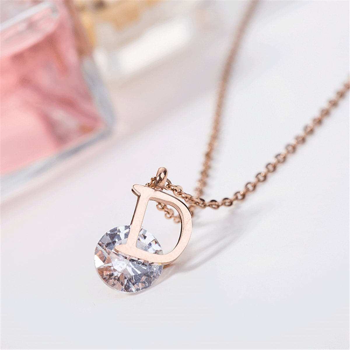 Cubic Zirconia & Rose Goldtone 'D' Pendant Necklace