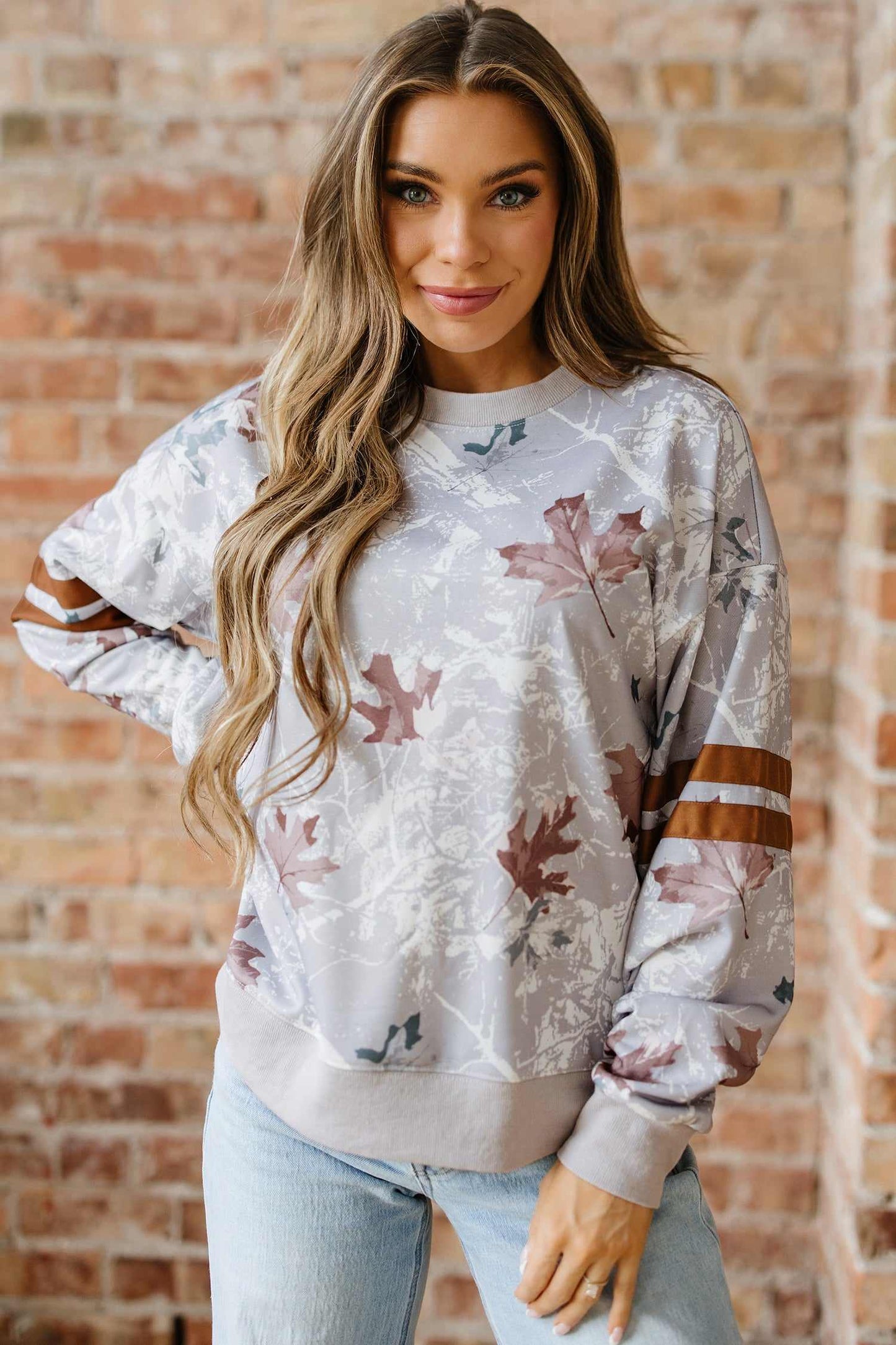 Salem Striped Sleeve Casual Sweatshirt - Gray / L - 12/14