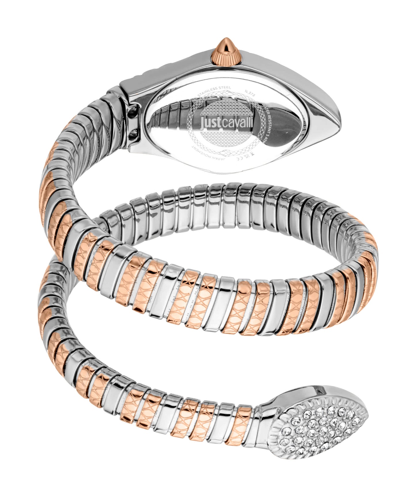 JUST CAVALLI Womens's Snake Watch, Two Tone Silver & Rose Gold Color Case, Silver Dial Two Toned Stainless Steel Bracelet JC1L373M0065