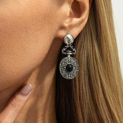 Black Resin & Silvertone Floral Oval Dangle Earrings