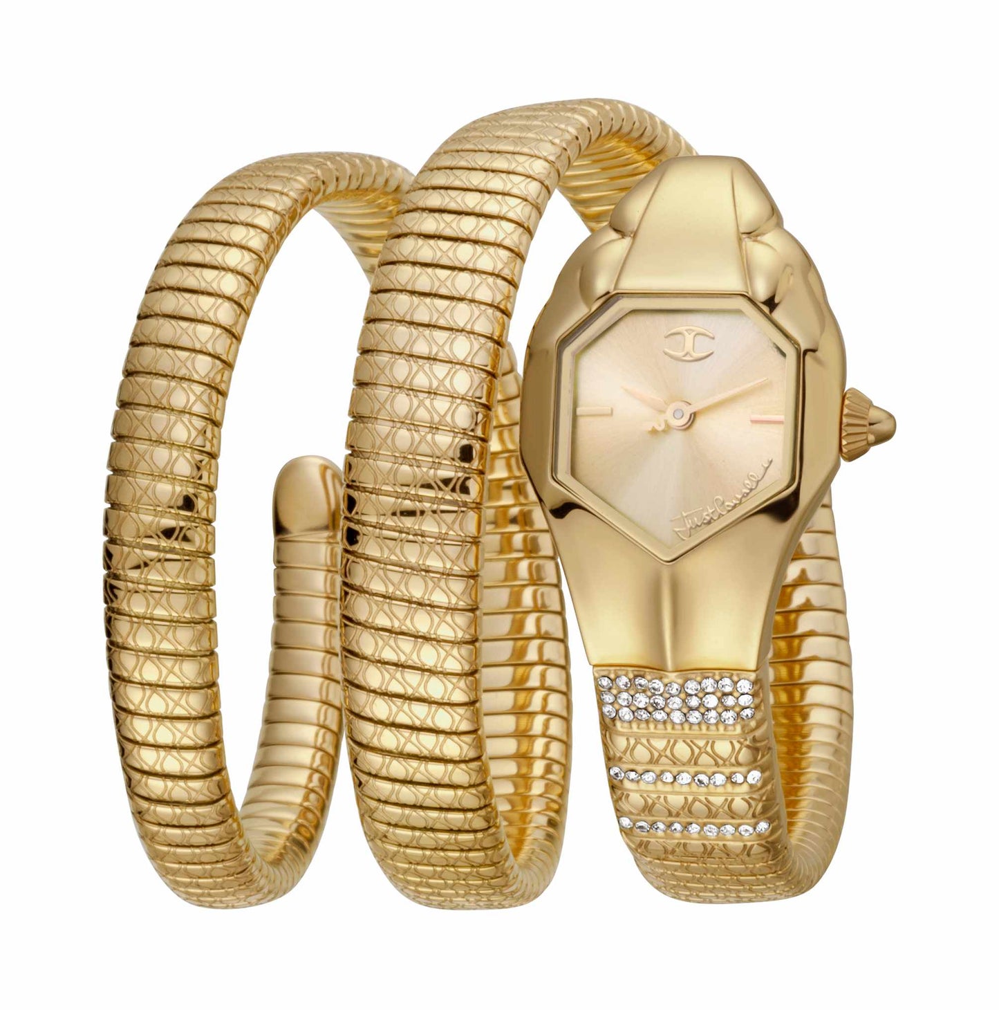 Just CAVALLI Women Watch, Gold Color Case, Champagne Dial, Gold Color Stainless Steel Metal Bracelet, 2 Hands, 3 Atm
