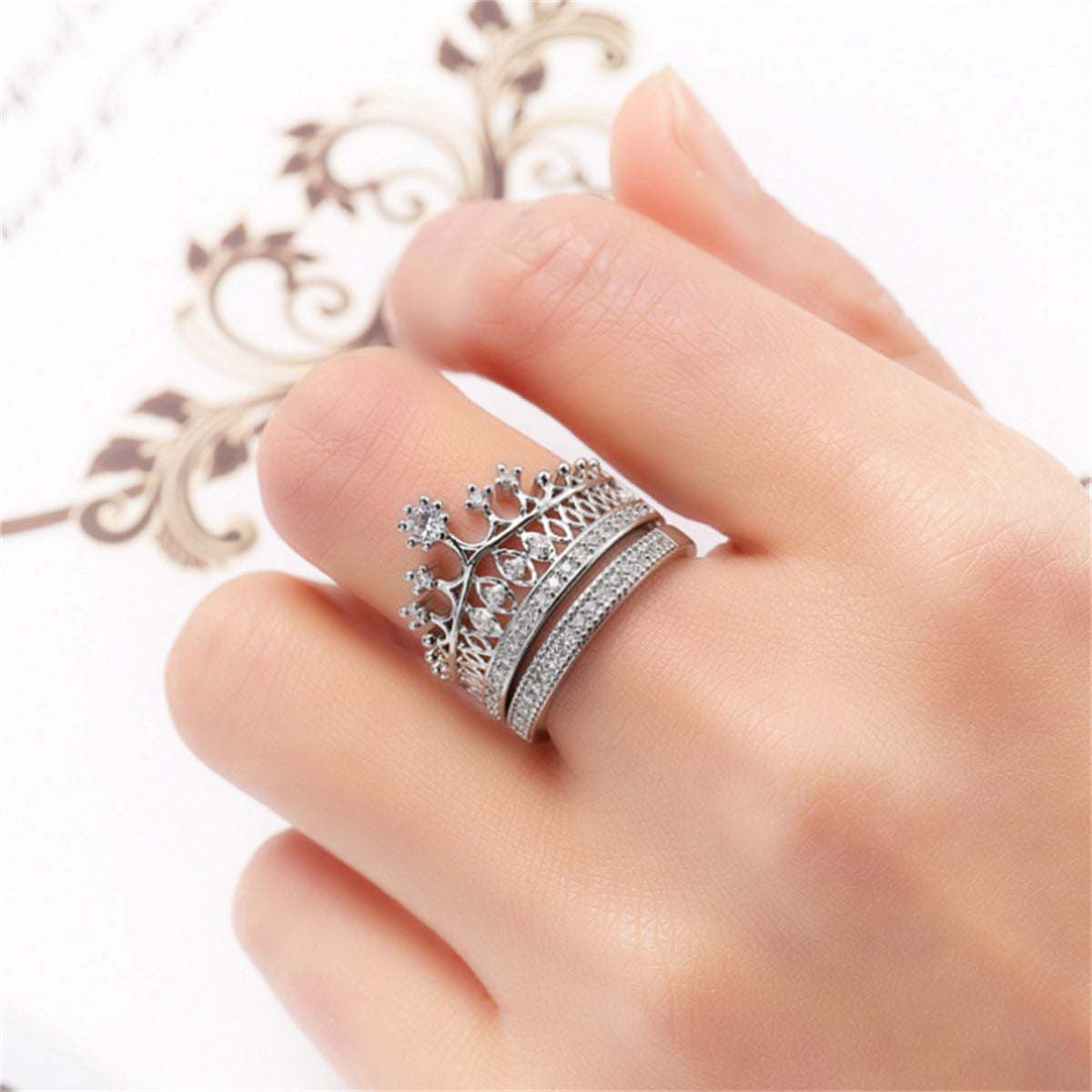 Cubic Zirconia & Silvertone Crown Ring Set-2
