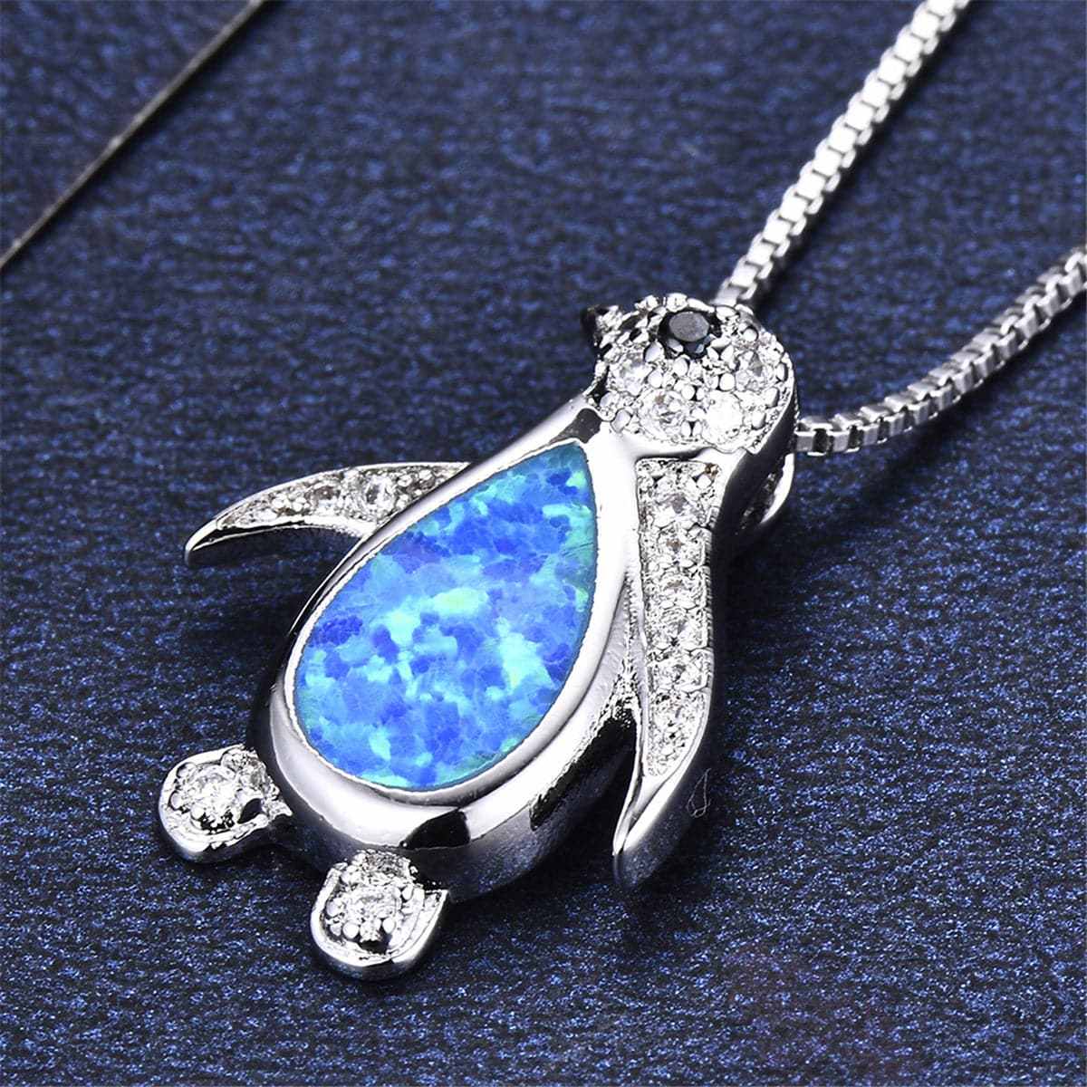 Blue Opal & Cubic Zirconia Penguin Pendant Necklace