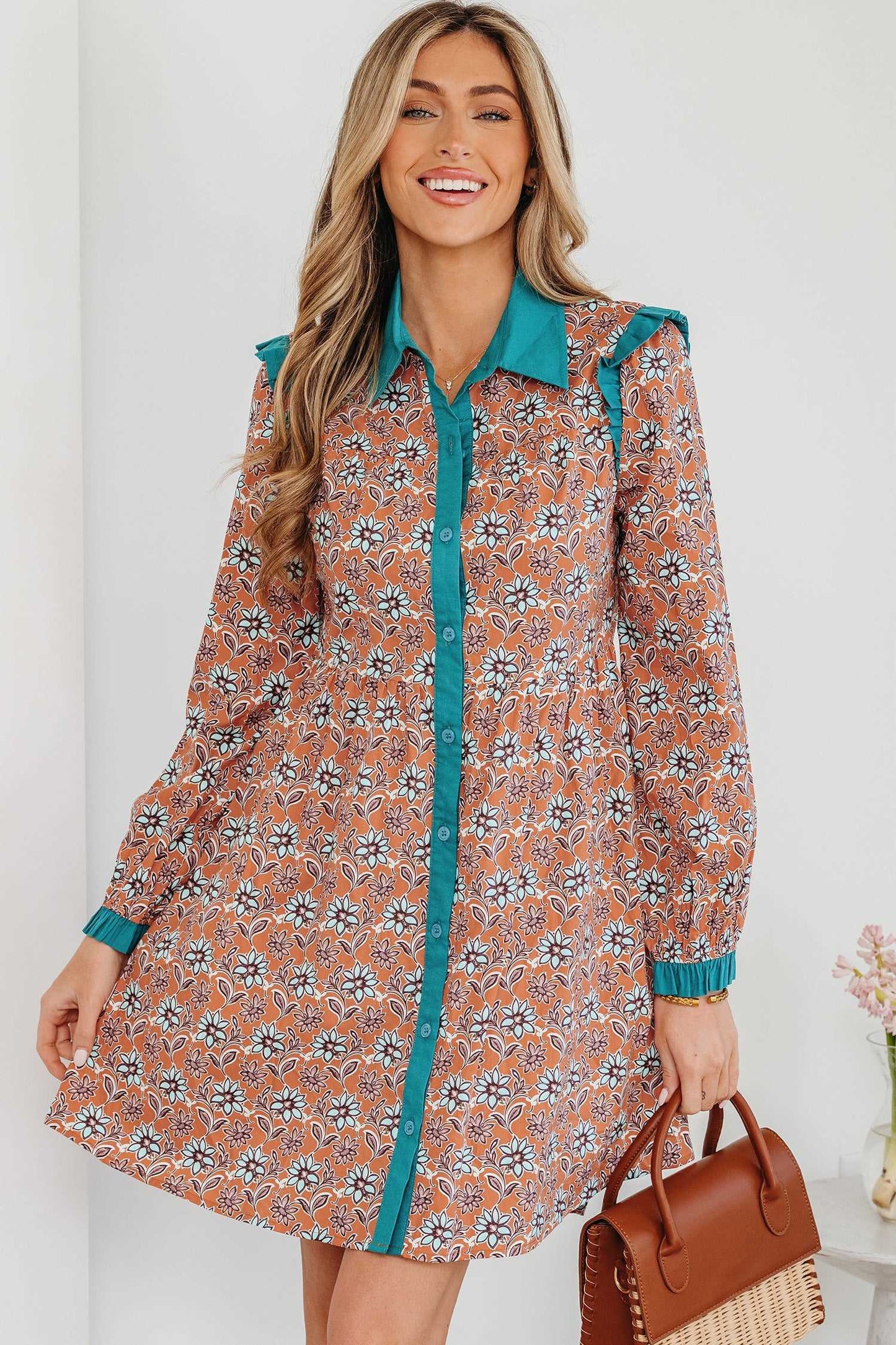 Alia Floral Contrast Collared Shirt - Orange / L - 12/14