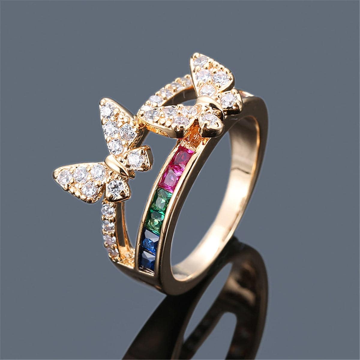 Rainbow Crystal & Cubic Zirconia Butterfly Ring-21
