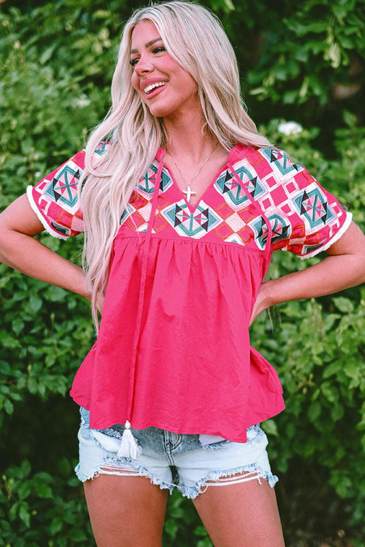Threaded Pear Zayla Embroidered Tassel Tie V Neck Blouse
