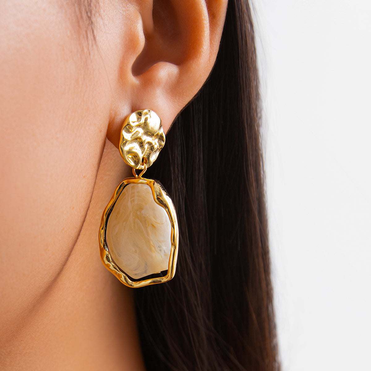 Beige Resin & Goldtone Hammered Stacked Irregular Dangle Earrings