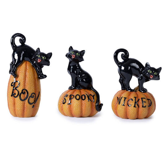 Melrose International Black Cat on Pumpkin Figurine (Set of 3)