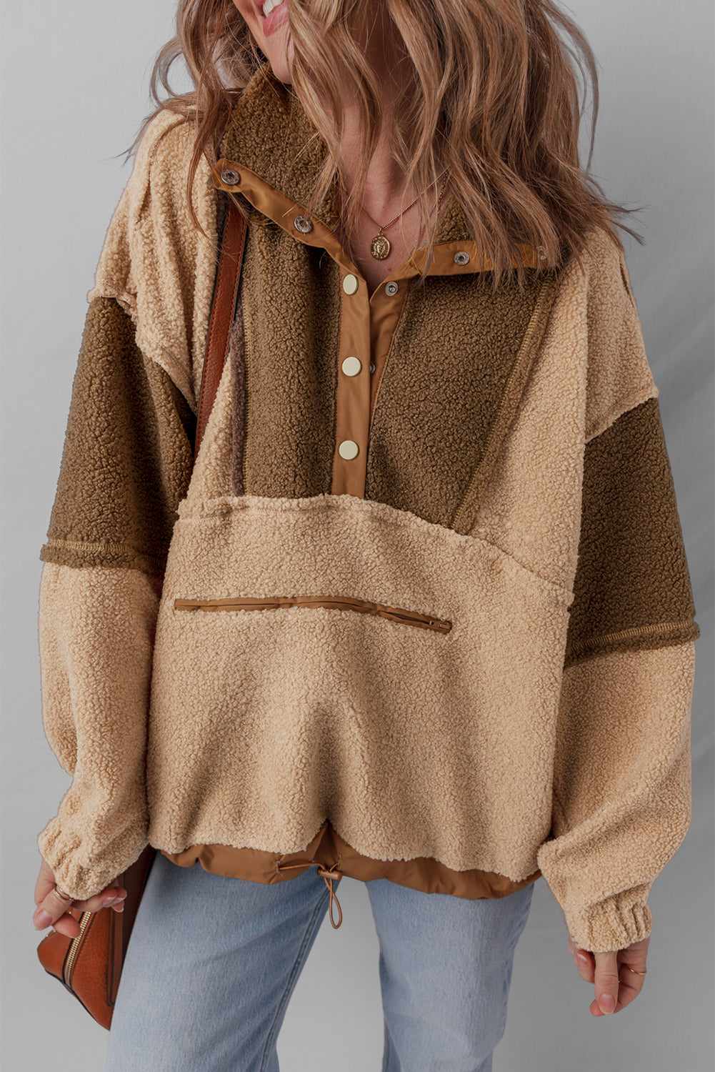 Adaline Patchwork Half Sherpa Sweatshirt - Straw Yellow / L - 12/14