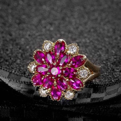 Red Corundum & Cubic Zirconia Flower Ring-12