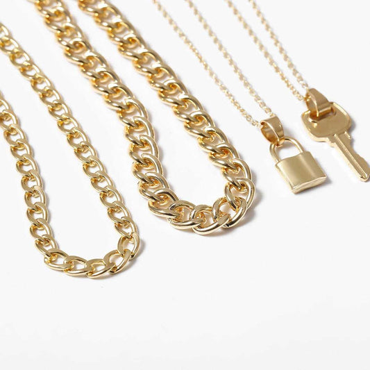 Goldtone Lock & Key Pendant Necklace Set