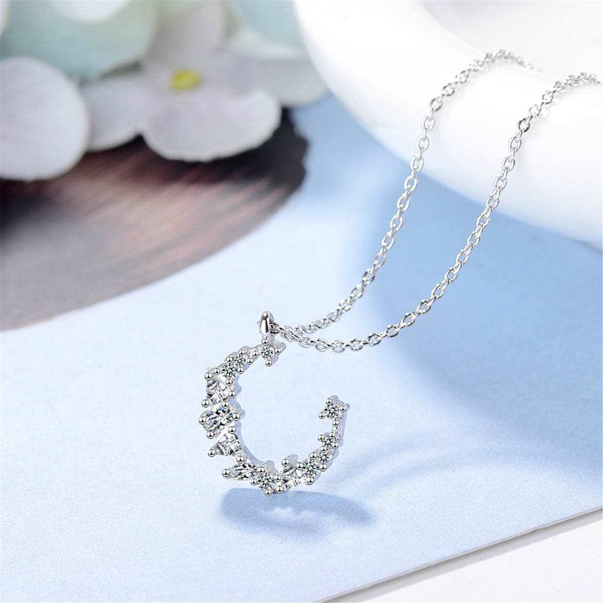 Cubic Zirconia & Silvertone Crescent Pendant Necklace