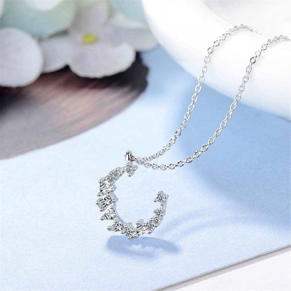 Cubic Zirconia & Silvertone Crescent Pendant Necklace