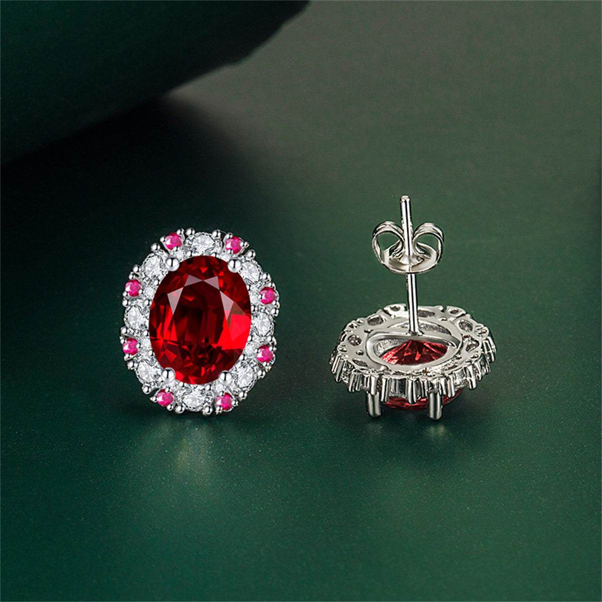 Cubic Zirconia & Red Crystal Oval Stud Earrings