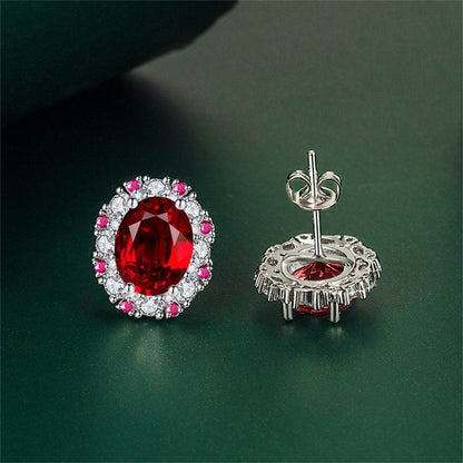 Cubic Zirconia & Red Crystal Oval Stud Earrings