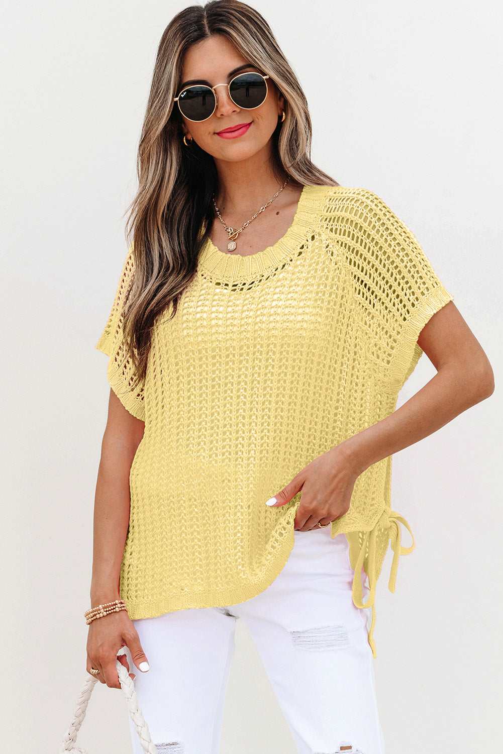 Celine Tied Short Sleeve Sweater - Yellow Cream / L - 12/14