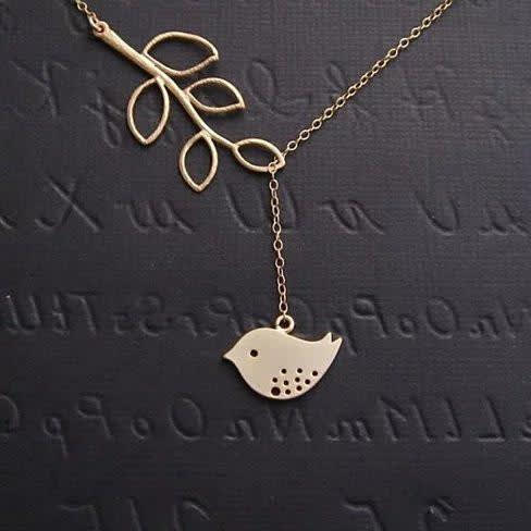 Vista Spring Has Sprung! Necklace and Chain with Sparrow and Tree Flying to the Nest - Yellow Gold