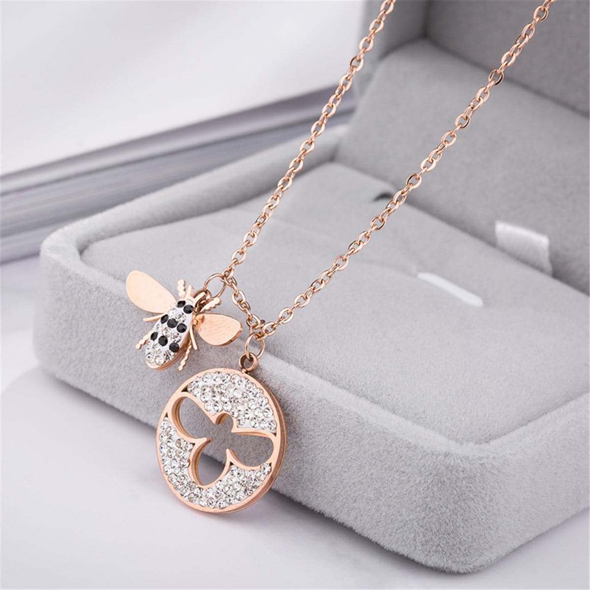 Cubic Zirconia & Rose Goldtone Bee Pendant Necklace-1