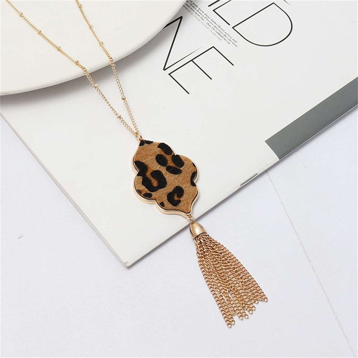 Brown Polyurethane & Goldtone Leopard-Print Flower Tassel Pendant Necklace