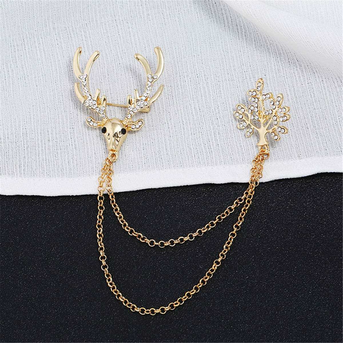 Cubic Zirconia & Goldtone Reindeer Branch Layered Chain Brooch