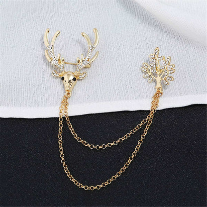 Cubic Zirconia & Goldtone Reindeer Branch Layered Chain Brooch