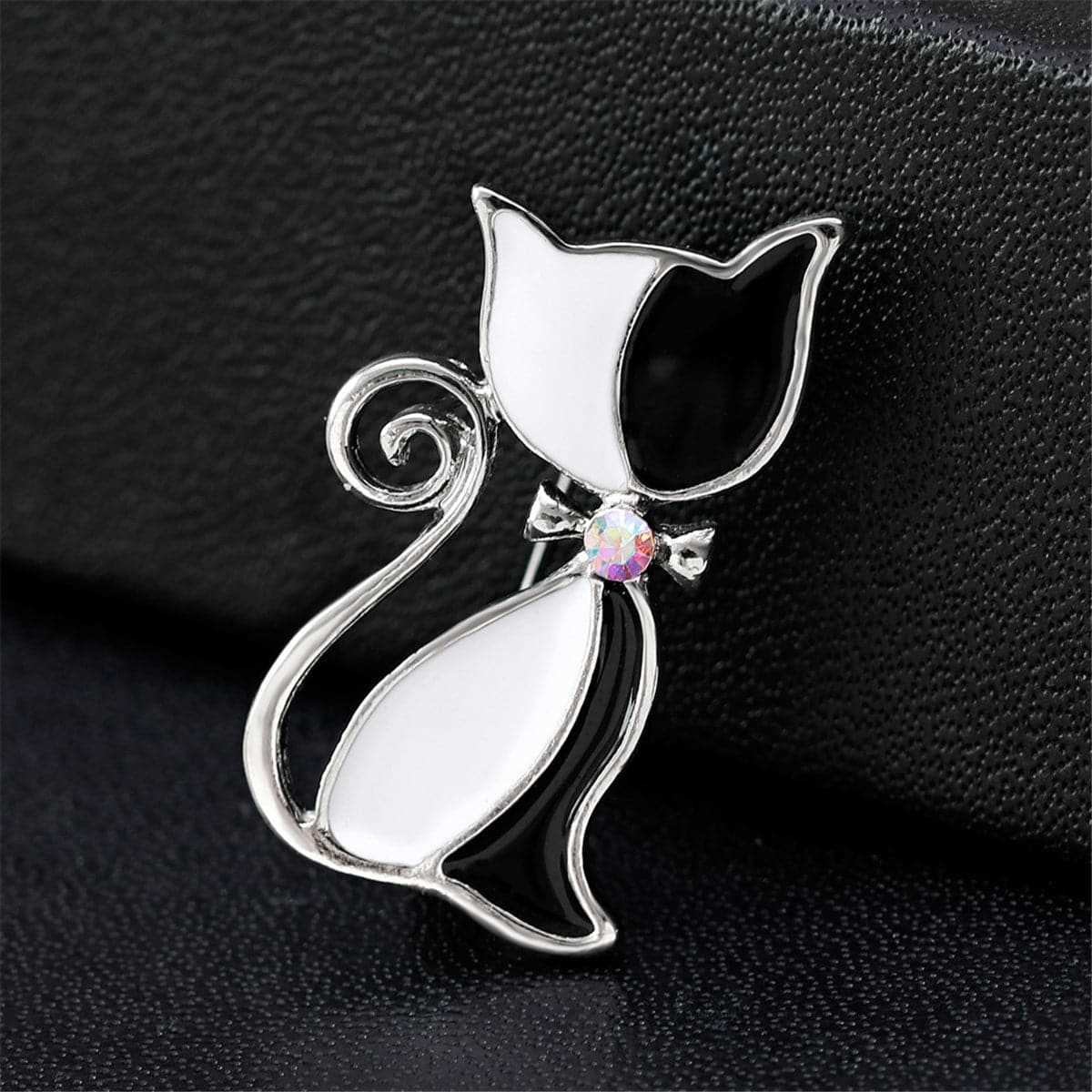 Cubic Zirconia & Black Enamel Silvertone Kitty Brooch
